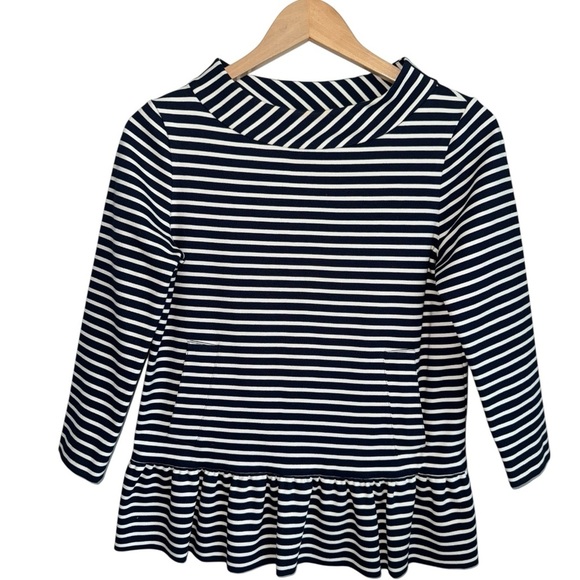 KATE SPADE Navy Blue Striped Peplum Top | Boat Neck 3/4 Sleeve w Pockets | Small - Picture 1 of 4